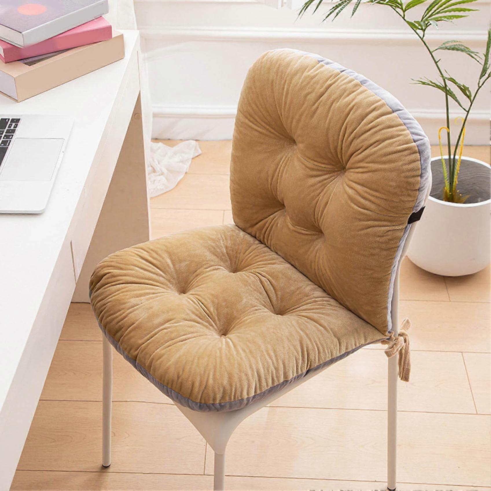 Plush Velvet Seat Cushion with Ergonomic Back Support, Non Slip Chair Pad with Ties, Khaki