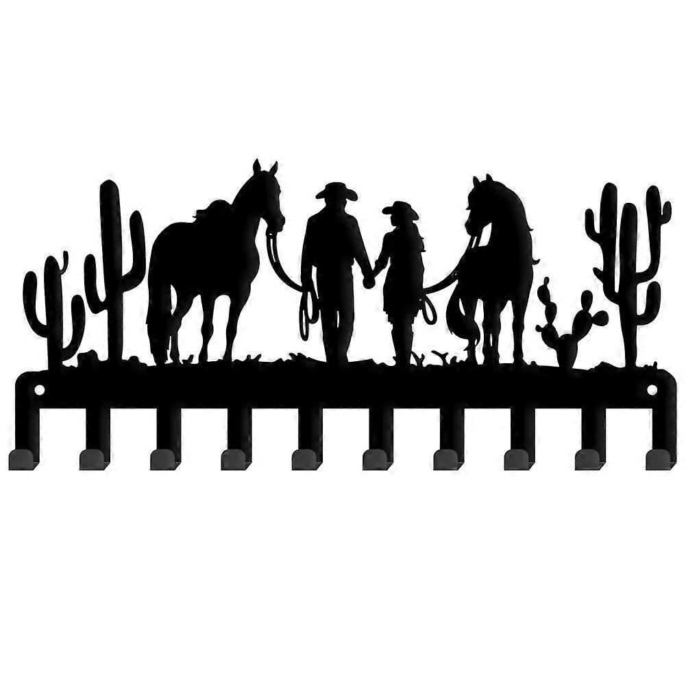 Western Cowboy Couple Key Holder with 10 Hooks, Rustic Iron Wall Organizer for Keys and Dog Leash