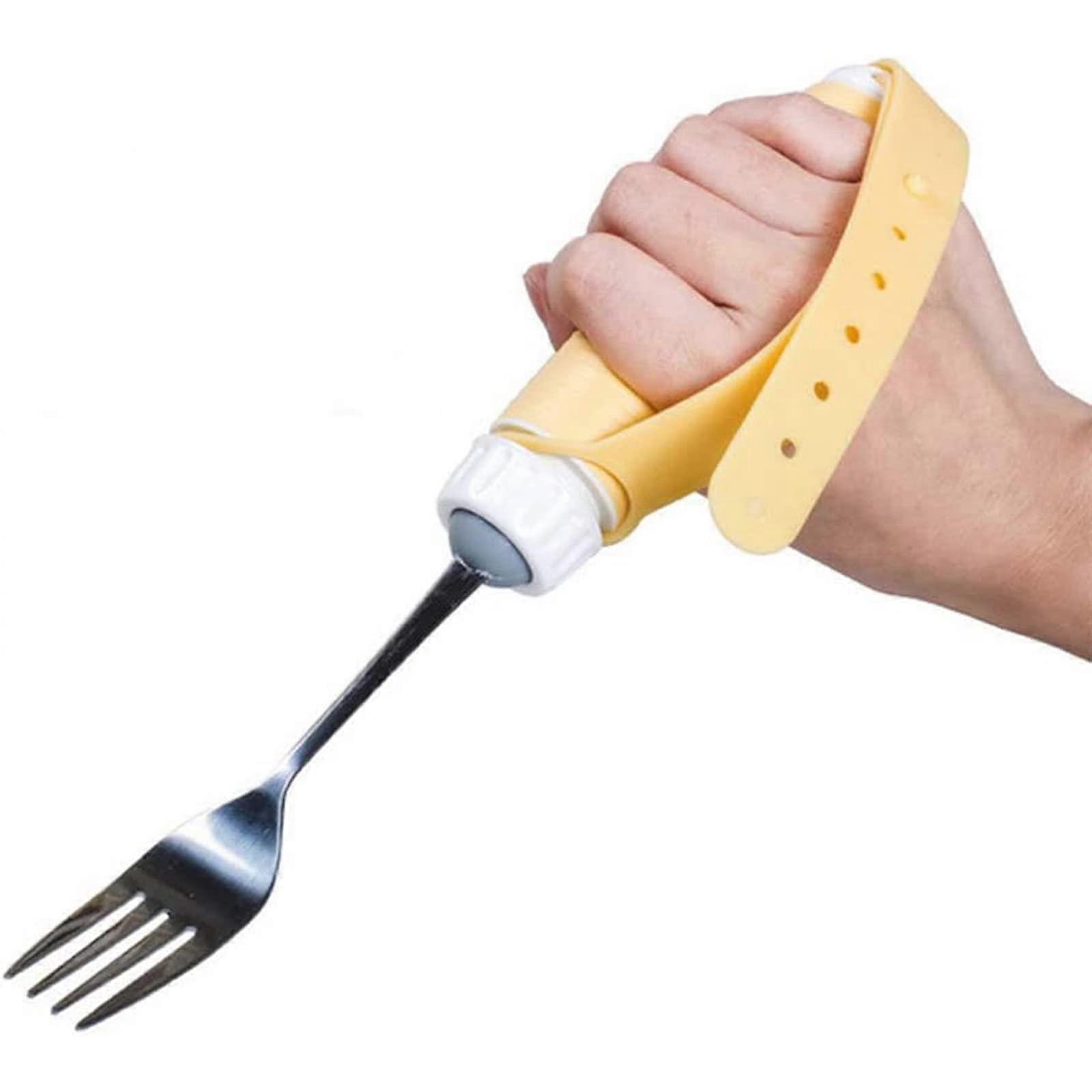 Adaptive Fork for Elderly and Disabled with 360° Rotating AntiShake Soft Grip and Adjustable Strap, Yellow