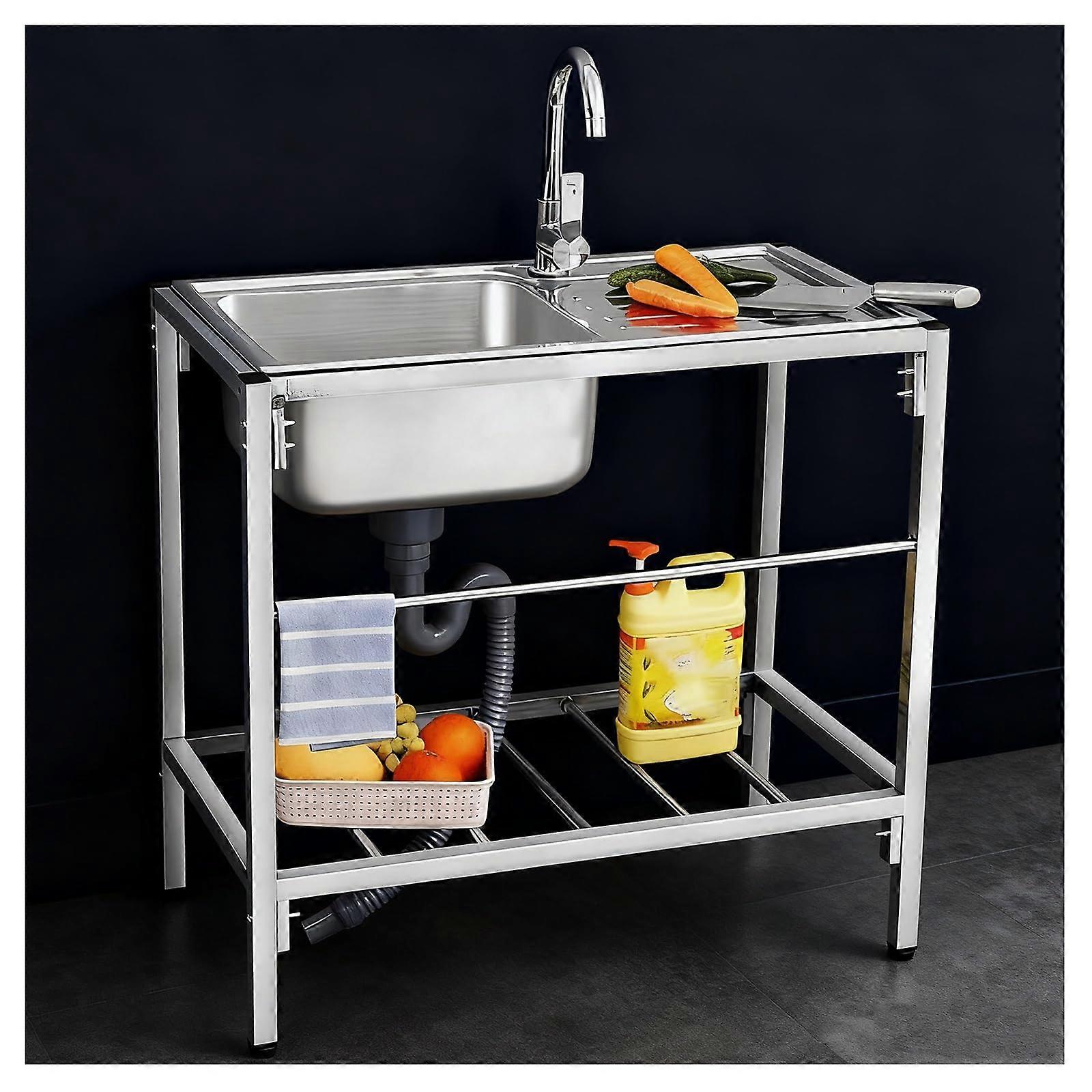 Stainless Steel Kitchen Sink with Countertop, Deep Basin, Rounded Corners, Storage Rack, H77cm