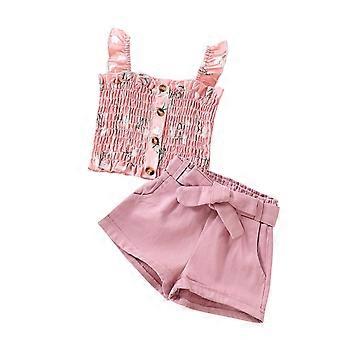 Baby Girl Clothes Toddler Kids Girls Clothes Summer Sleeveless Floral Ruffle Strap T Shirt Tops Bow Shorts Casual 2PCS Outfits Set Beach Outfits Yello