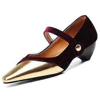 Women Splicing Closed Pointed Toe Kitten Heels Pumps Casual Suede Leather Comfort Slip On Metal Buck