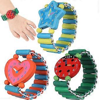 4 stuks houten educatieve horloges voor meisjes en kinderen, elastische polsbandjes met cartoonprint, duurzame verjaardagscadeaus en kraamcadeaus.