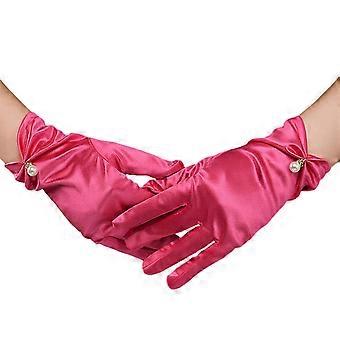 1 Pair Retro Smooth Satin Bride Gloves Faux Pearls Decor Pleated Cuffs Solid Color Vintage Wedding Gloves