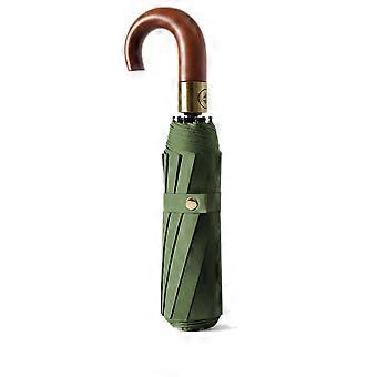 Compact Windproof Travel Umbrella Green with Curved Wooden Handle, Automatic Folding for Men