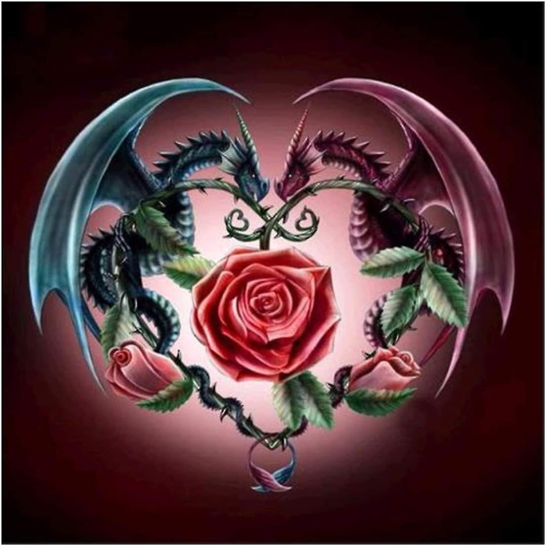 Diy 5d Diamond Painting Kit, 5d Diamond Art Full Drill Dragons And Rose Crystal Embroidery Cross Stitch Arts Craft Supply For Living Room Wall Decor