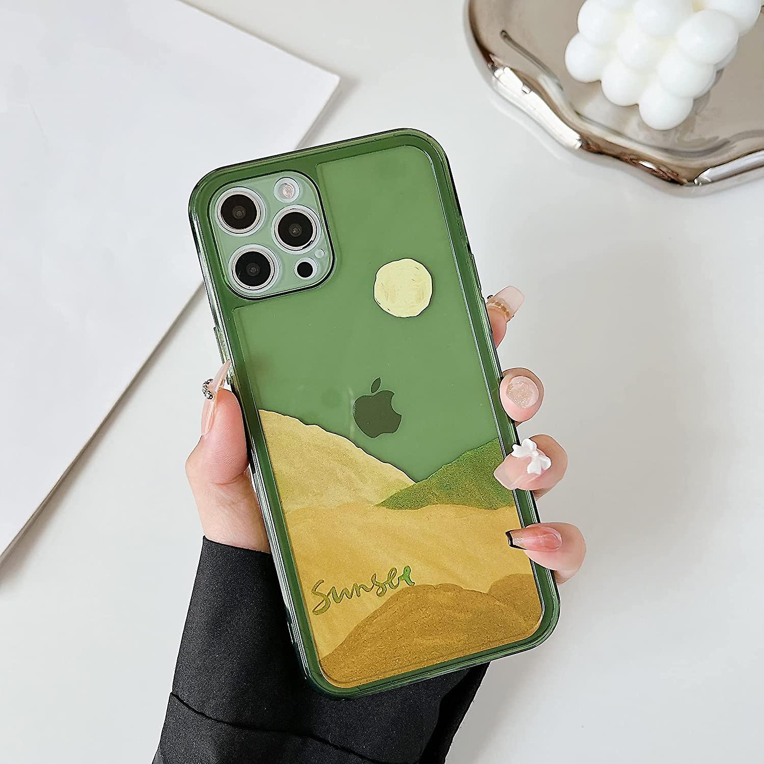 Case for iPhone 13 Pro Max 6.7 inch, Clear Soft Bumper Protective Retro Color Snow Mountain Moon Transparent Phone Case - Green