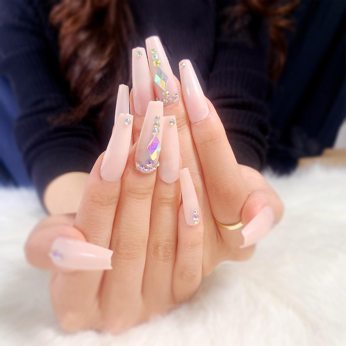 False Nail Tips Fake Artificial Art DIY Finger Cover Nude Color Long T Rhombus Rhinestone Finished