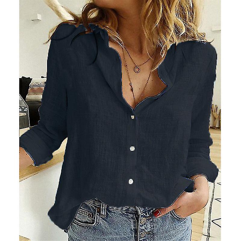 Womens V Neck Roll Up Sleeve Button Down Blouses Tops