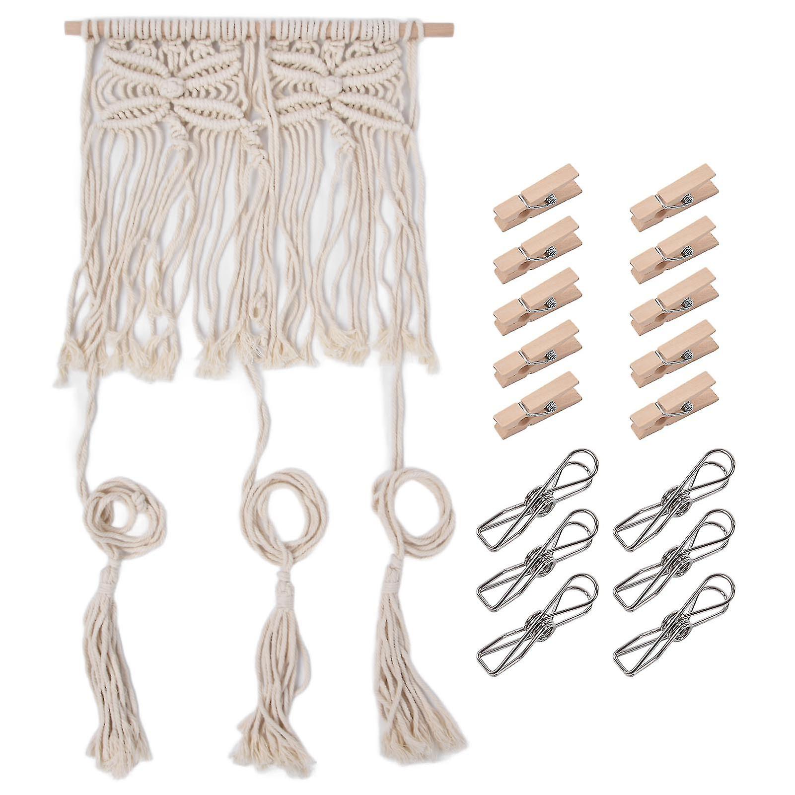 Bohemian Style Macramé Hat Display Holder Decorative Handmade Cotton Rope Organiser with Wooden Clips and Metal Hooks for Wall Hangin