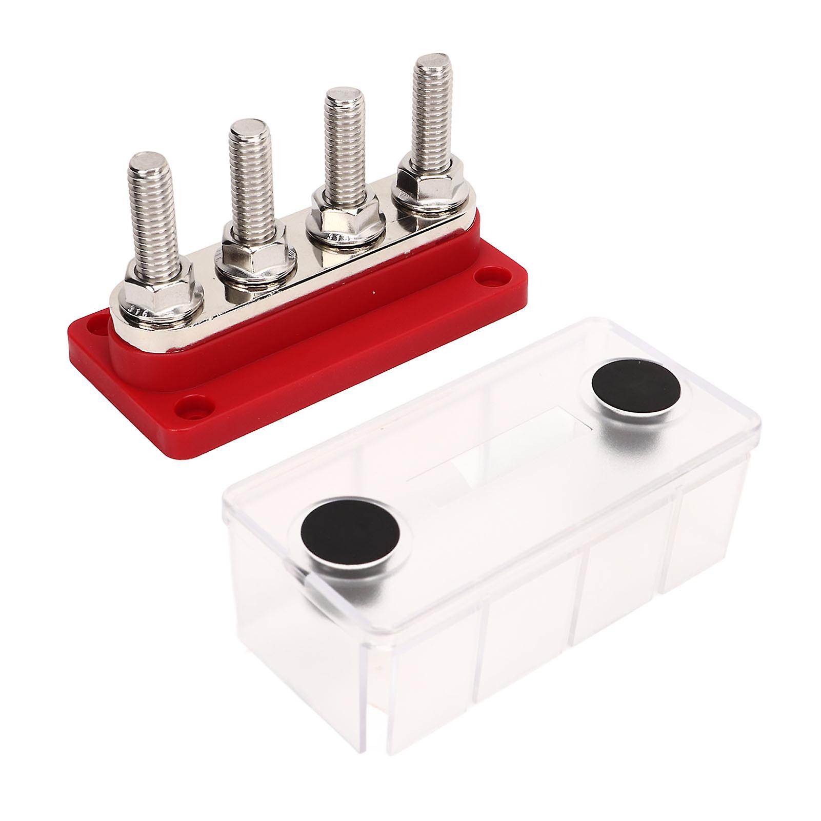 4 Post Power Distribution Block 3/8inch M10 Studs Battery Bus Bar with Cover DC12V to 48V 300A for Cars Boats RVs Red