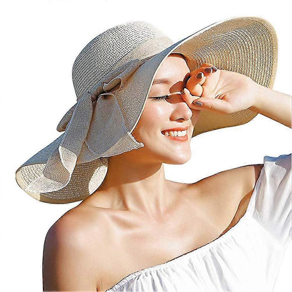 Women's wide-brim sunscreen straw beach hat (beige)