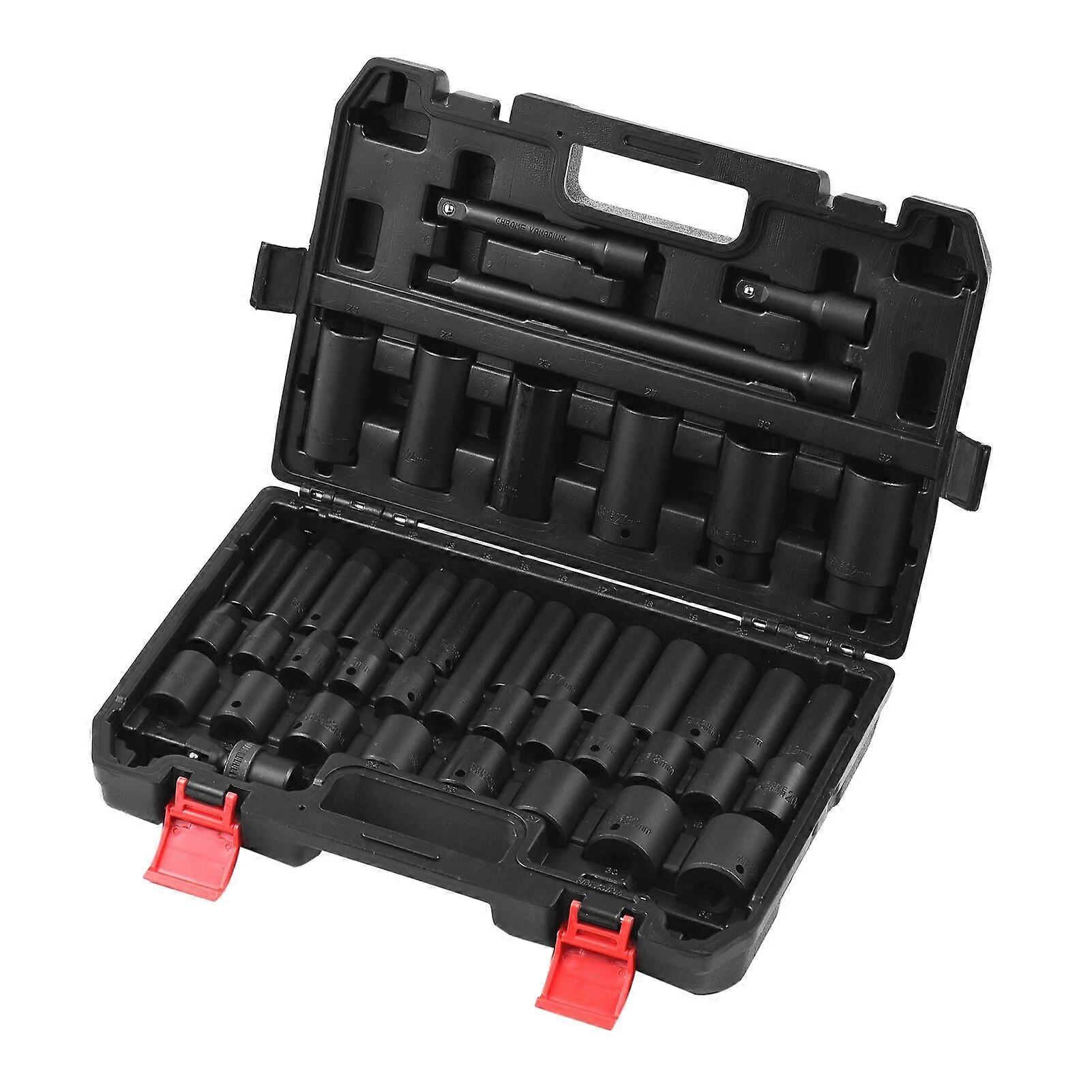 1/2 Drive Metric Impact Socket Set 45 Piece Deep and Shallow Assortment Metric Sizes 9mm to 32mm Top Grade Chrome Vanadium Steel