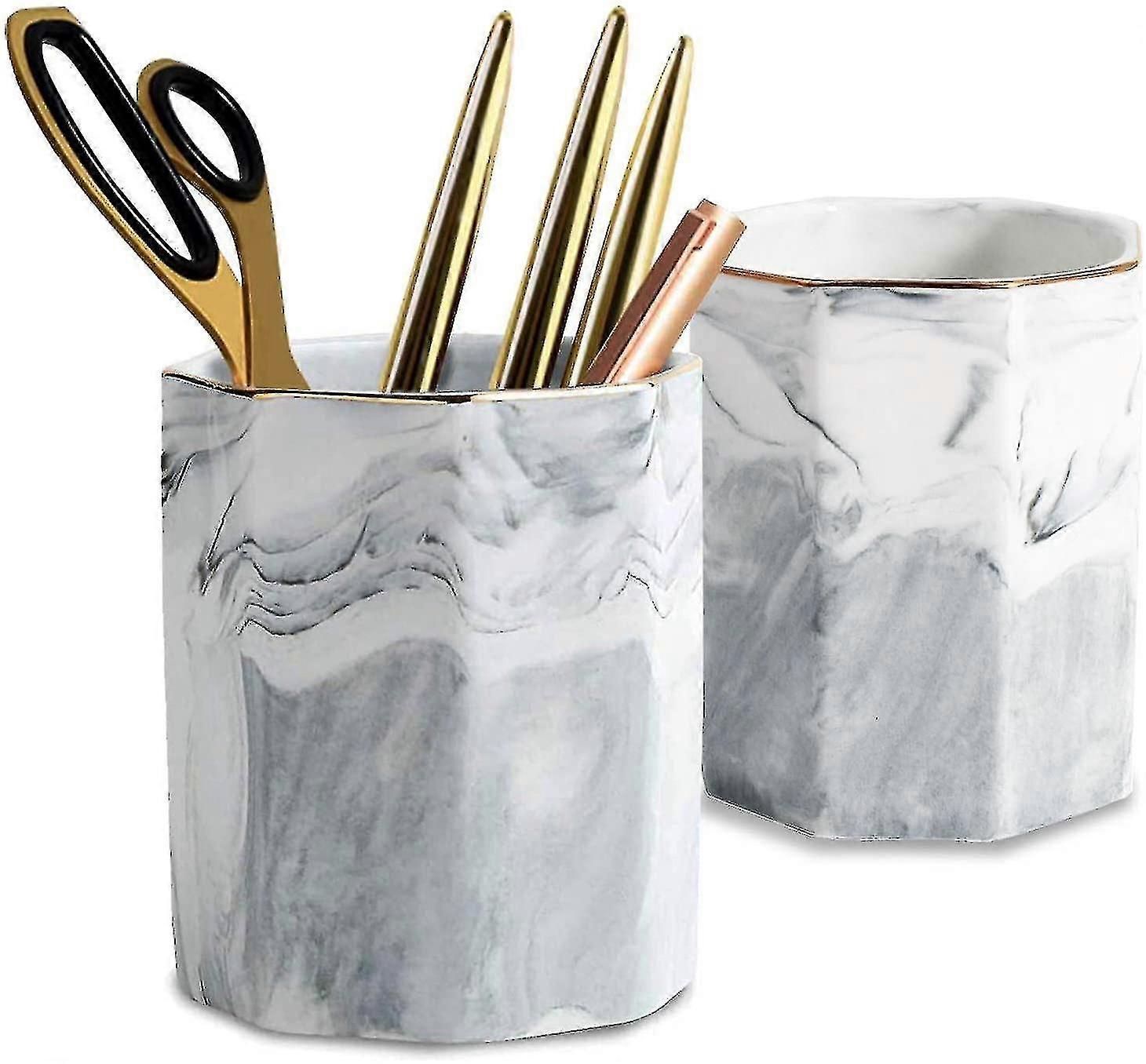 2 Pack Ceramic Pen Holder Stand,cup For Desk Marble Pattern Makeup Brush Holder