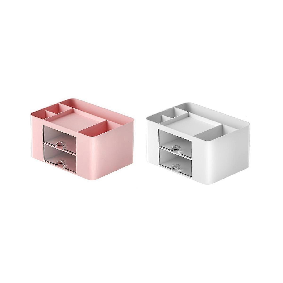 2Pcs Pink+White Simple Transparent Drawer Storage Box Children'S Student Office Desktop Ornaments P