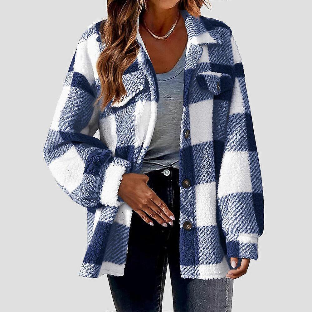Kvinnors Tartan Check Shacket Cardigan Damer Vinter Varm Fleece Rutig Jacka Kappa