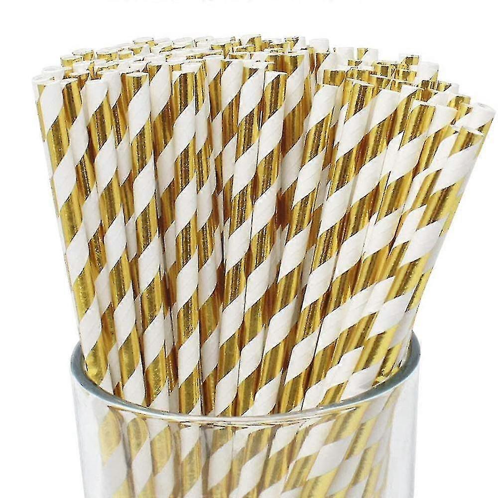 Premium Disposable Drinking Striped Paper Straws, 100pcs Gold