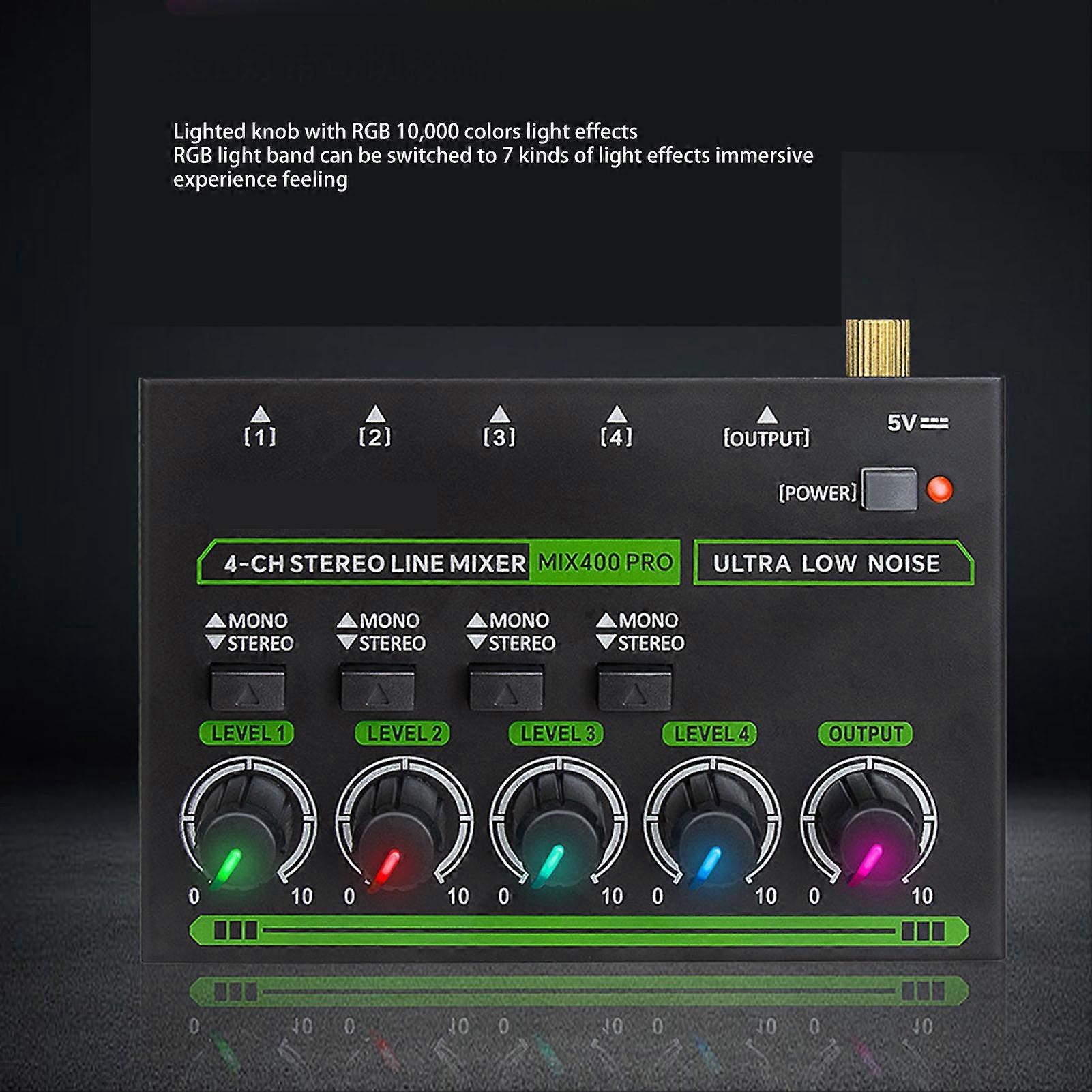 4 Channel Mixer RGB Light Low Noise Multifunctional DJ Controller Sound Mixer for Music Recording US Plug 100‑240V