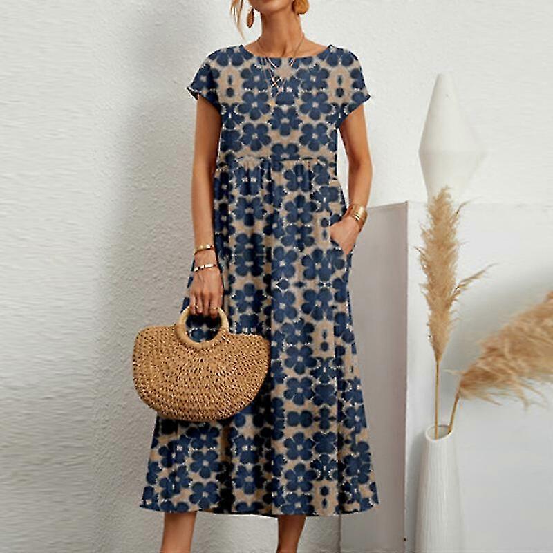 Kadın Maxi Elbiseler Yaz Plaj Sundress Mürettebat Boyun Uzun Elbise Çiçek Baskı Kısa Kollu Kaftan