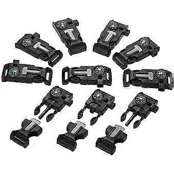 Plastic Whistle Quick Release Buckle Flint Igniter For Paracord Bracelet Outdoor Camping Emergency Survival Buckle (10 Pieces, Black