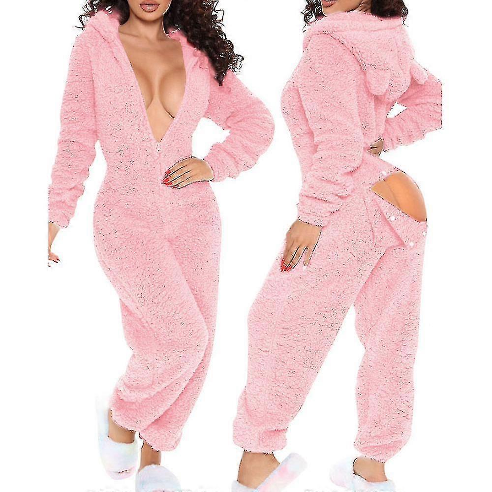 Onesie pyjamas lang varm børstet bodysuit-m-rosa