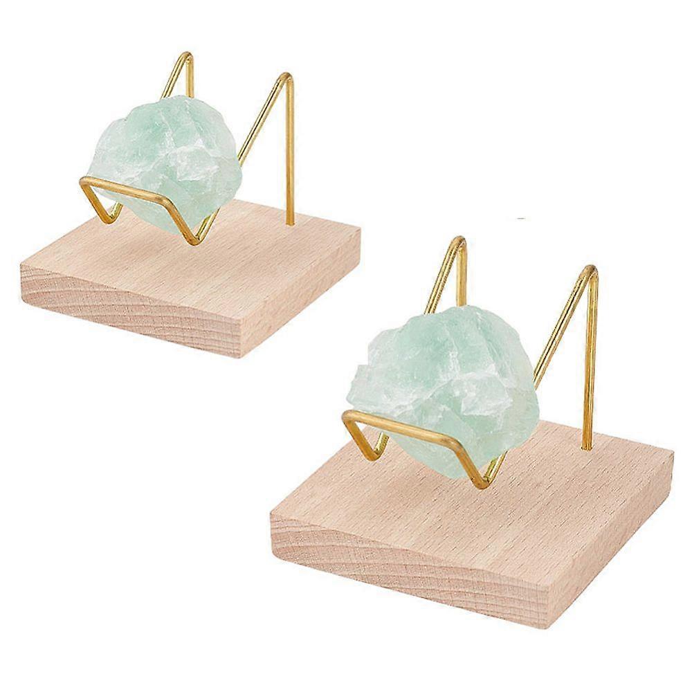 2Pcs 2 Style Brass Crystal Mineral Display Easels Rough Stone Display Holder with Wooden Base for Geodes Rock Mineral Agate Fossil Coral Golden 4.9~6.