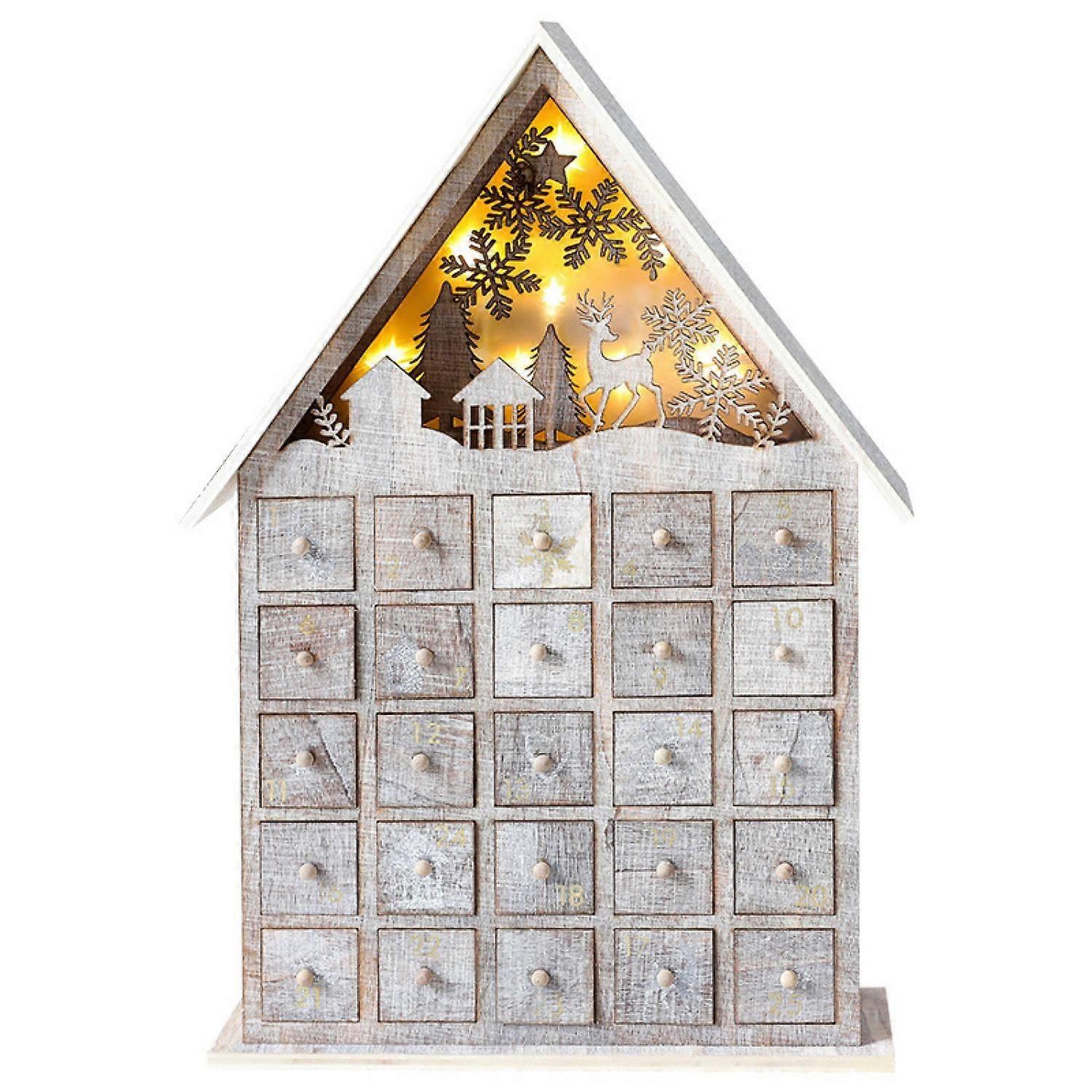JUSTUP Christmas Ornaments Glowing Wooden Advent Calendar House Drawer Desktop Christmas Calendar with 25 Drawers Christmas Decoration --- Log Color