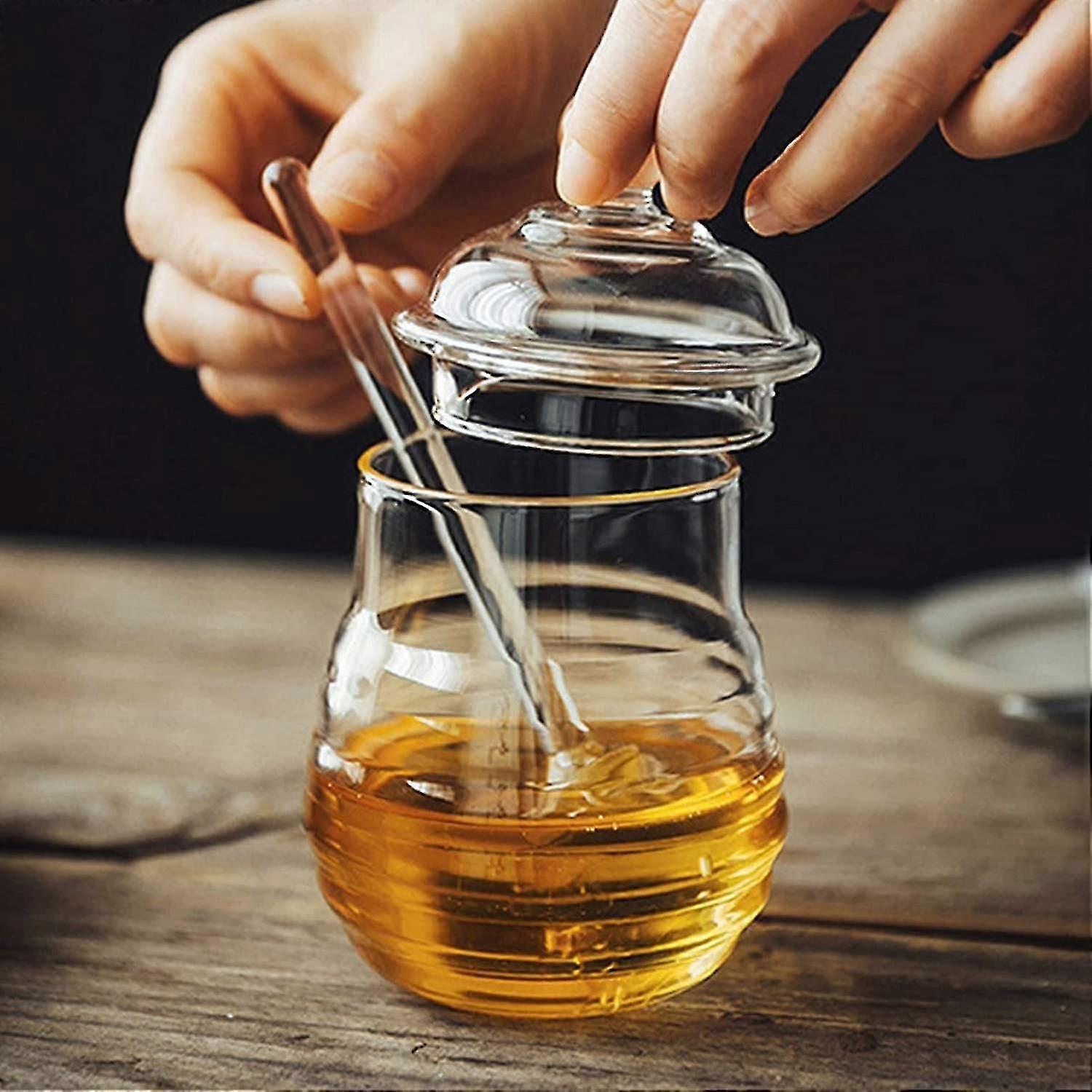 Pot à miel en verre avec cuillère et couvercle pour la cuisine, 255 ml, transparent
