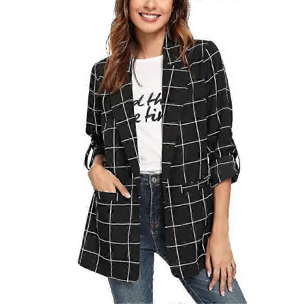 Women's Open Front Blazer Casual Lightweight Plaid Roll Up Sleeve Jacket Shirt