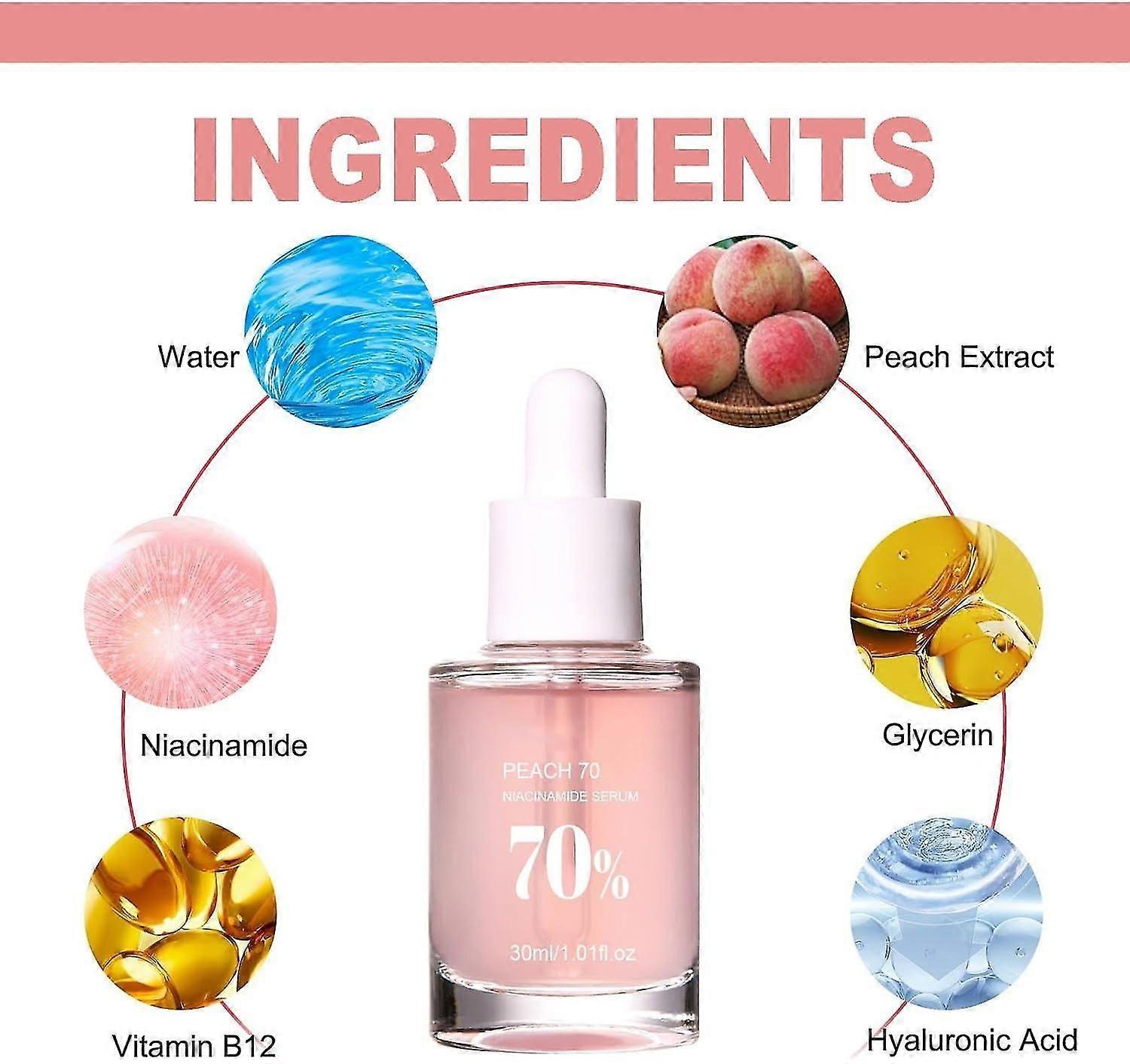 2x خلاصة الخوخ 70٪ مصل نياسيناميد ، سيروم مرطب للوجه ، مصل وجه مضاد للشيخوخة مع خلاصة الخوخ