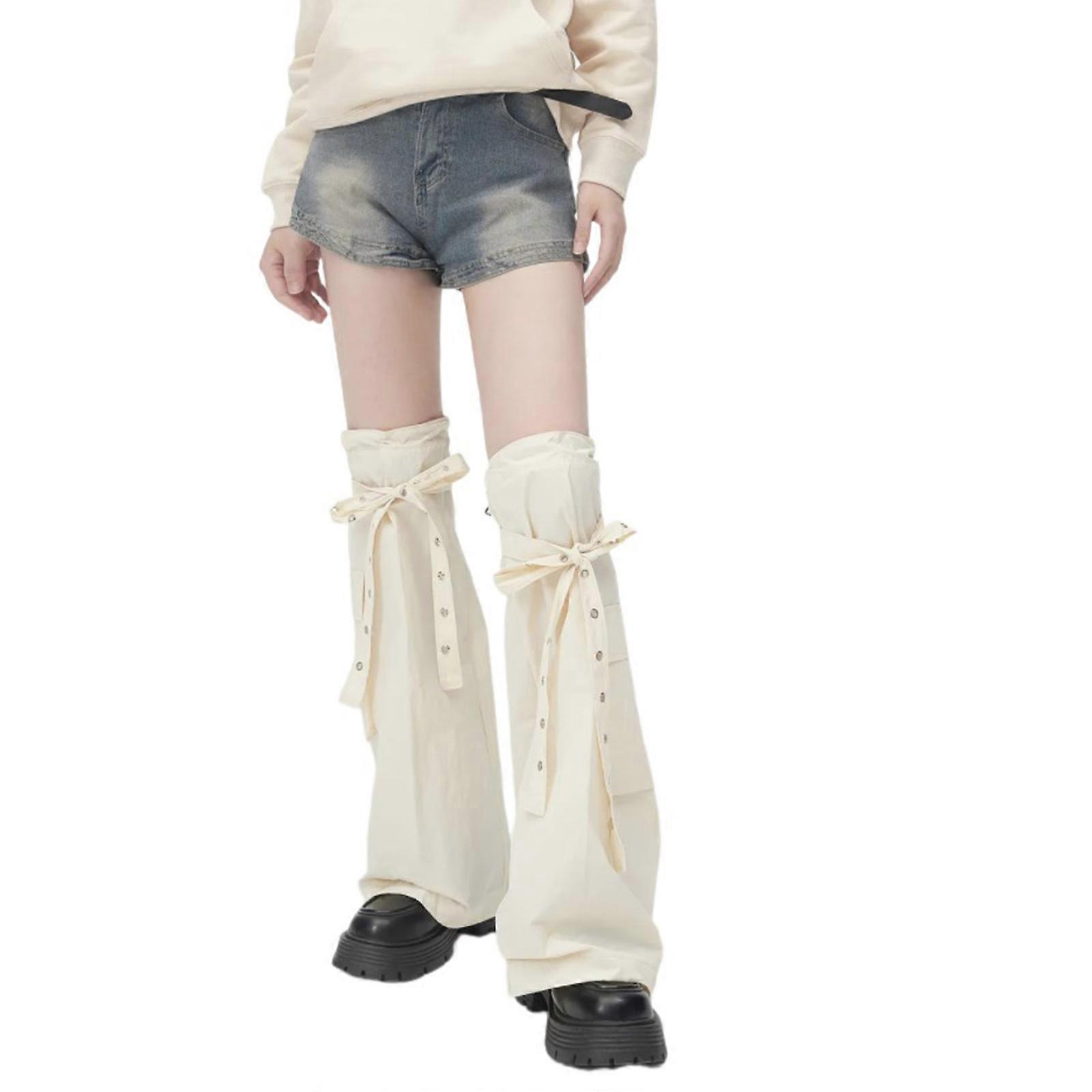 גרביים לנשים שרוולי רגל הרג'וקו עם רצועות לולאות כיס פאנק מטען שרוך מחמם רגל מעל הברך כיסוי מגף מתרחב Offwhite 1