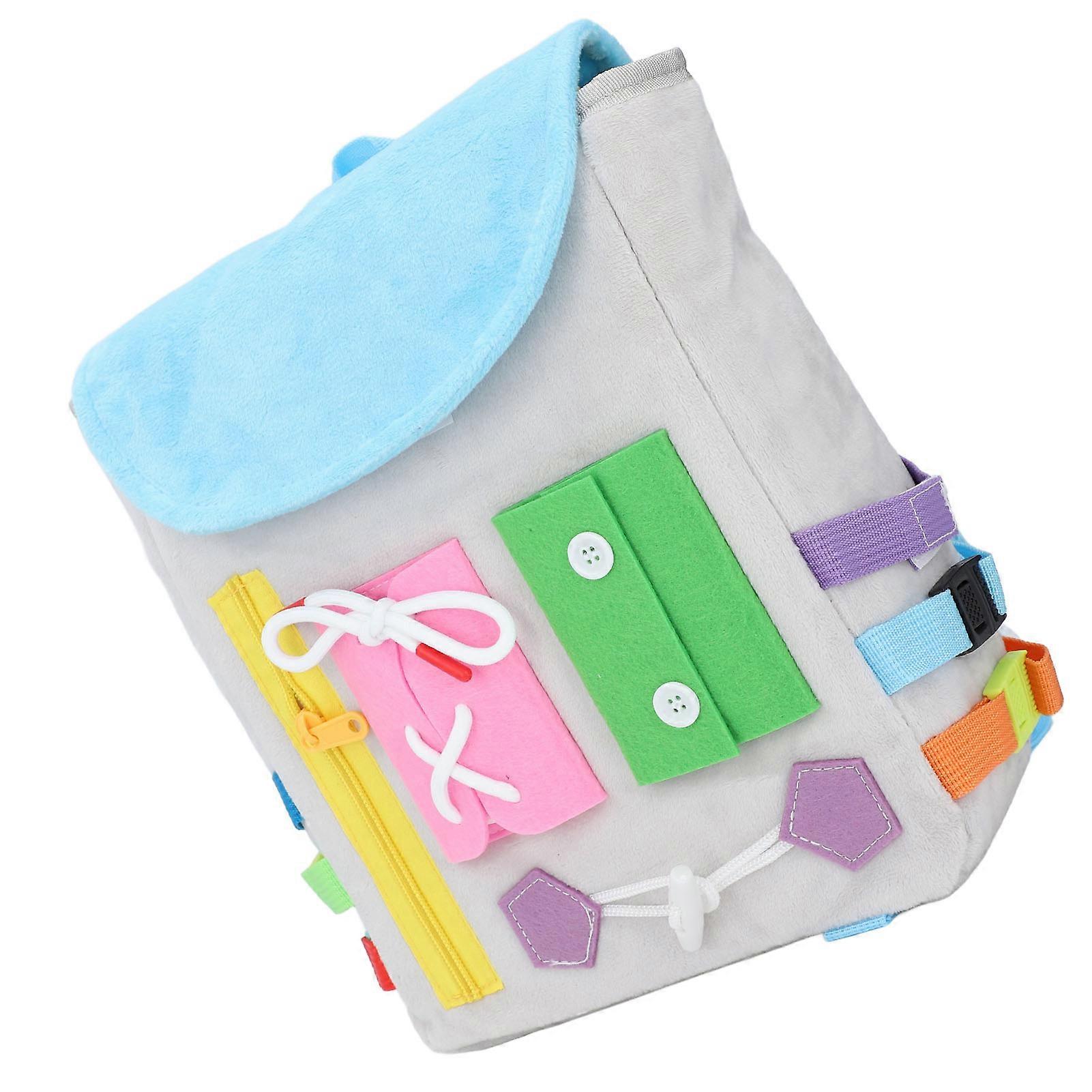 Kids Learning Backpack with Button Shoelace Buckle Zipper Toddler Schoolbag Sensory Toy for Early Education Development Blue