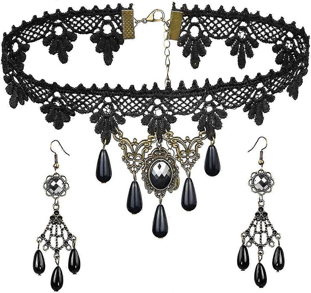 Náhrdelník černá krajka Náušnice Set-gothic Lolita Přívěsek Choker