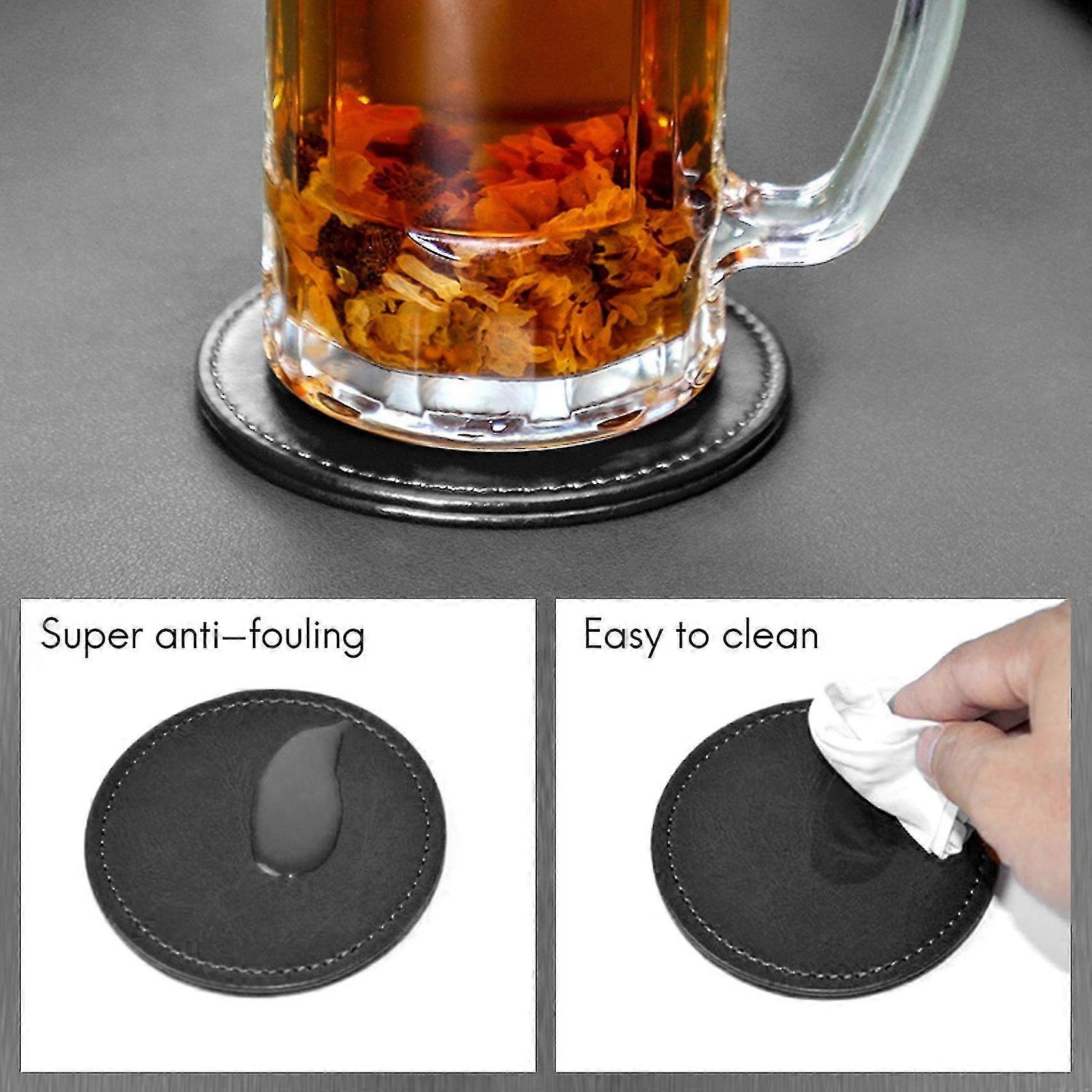 Coasters, Set of Round Leather - Look Coasters with Stitching Detail, Ideal for Protecting Surfaces