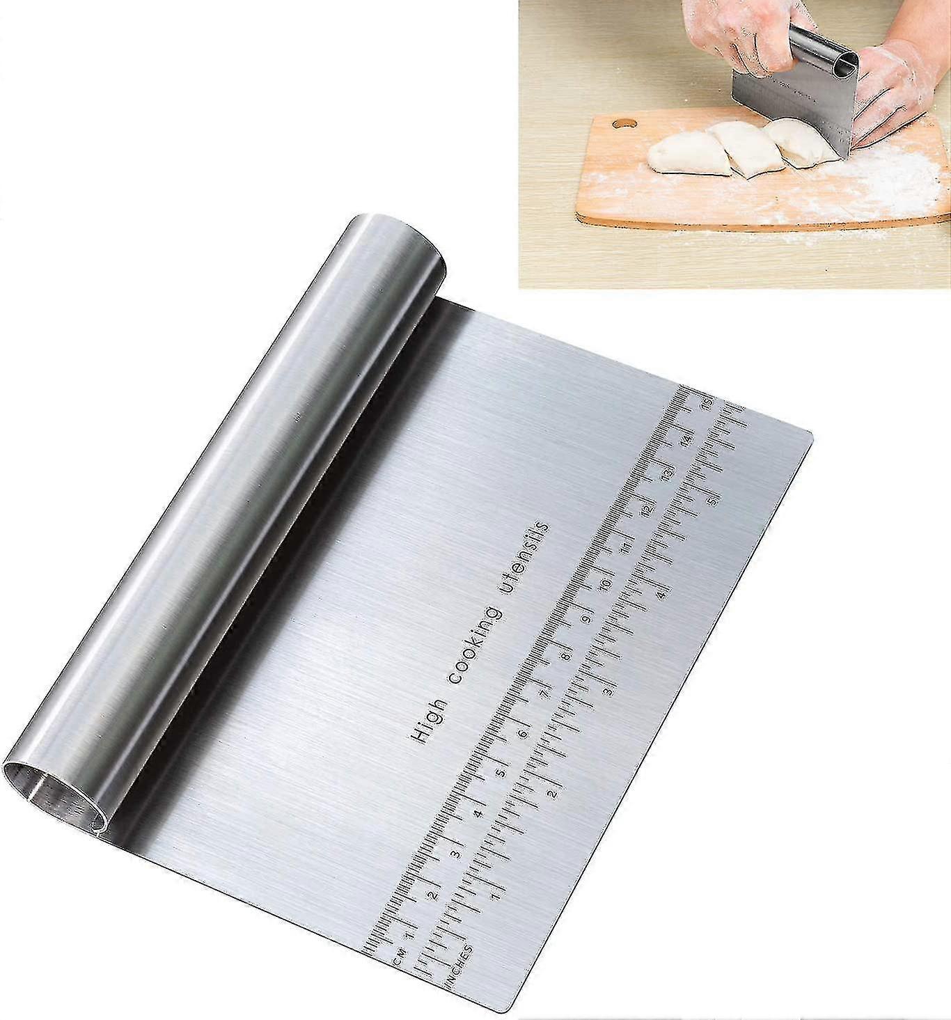 Multipurpose Kitchen Dough and Pastry Scraper, Stainless Steel Bench Chopper with Mirror Polished Finish and Measuring Scale Suitable for Va