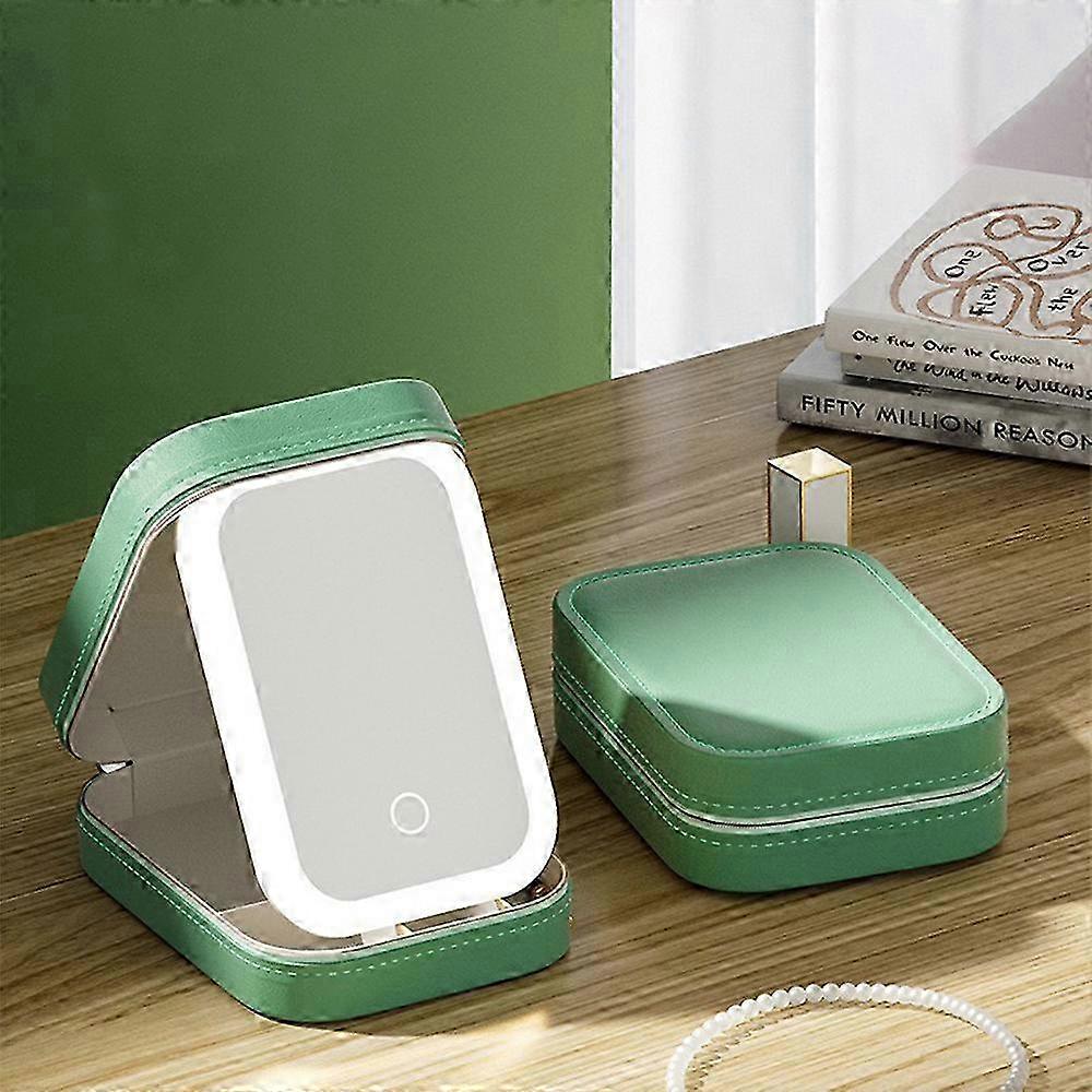 Portable LED Mirror Makeup Box - Emerald Green 2025