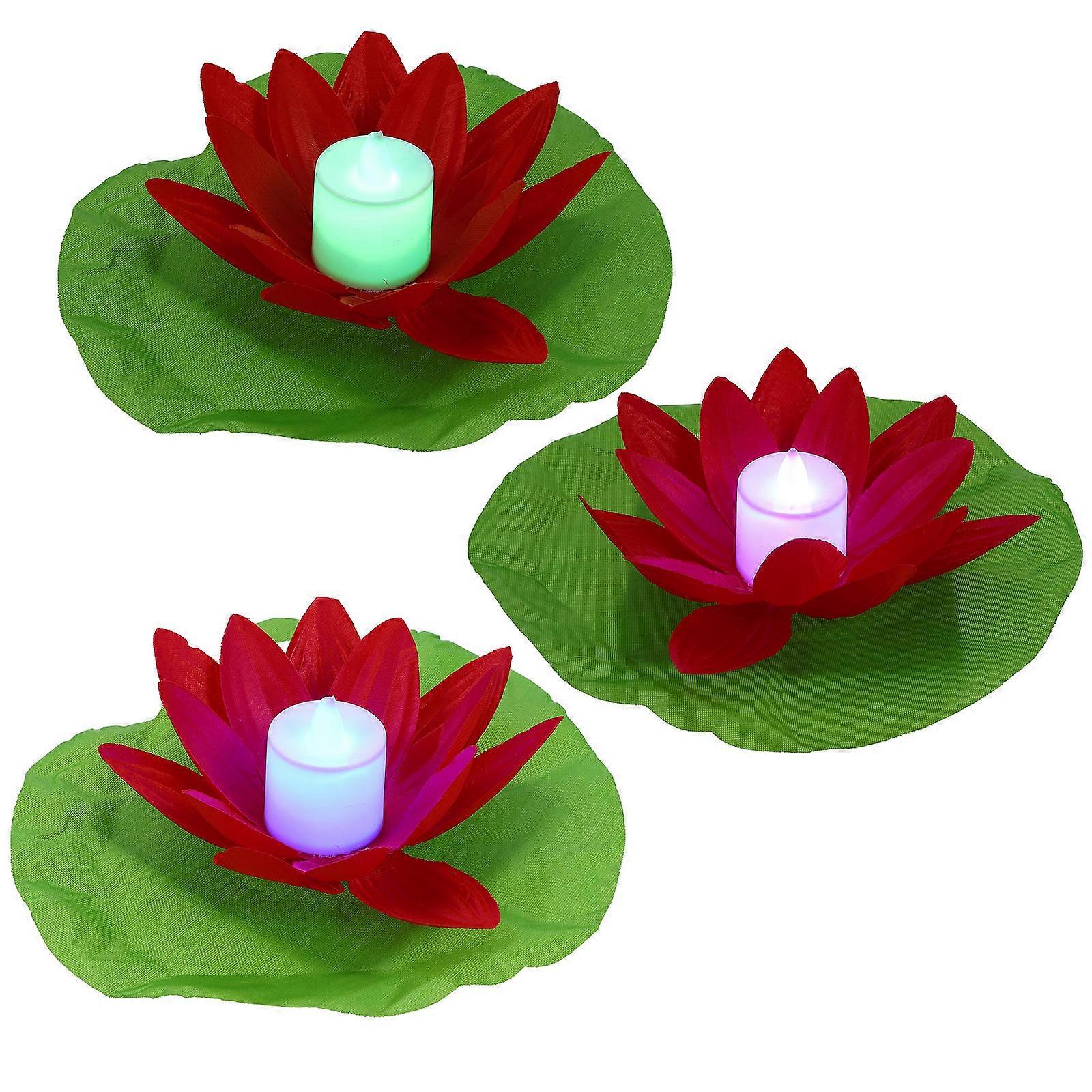 3pcs Decorative LED Lotus Candle Lights Floating Lamps for Pool Home Use Crafted with Silk Cloth for Temple Worship