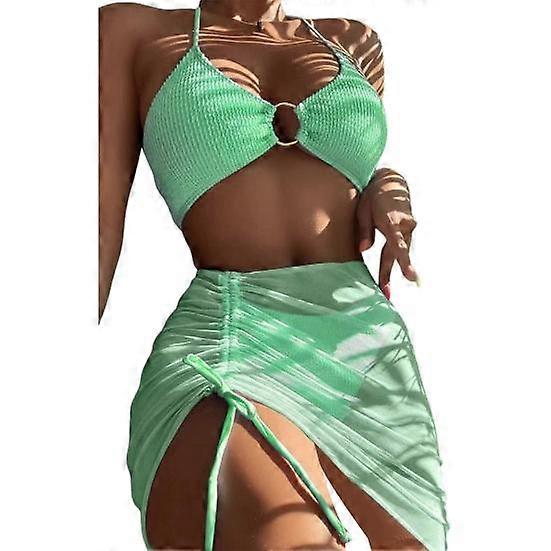 3Pcs/Set Women Bikini Set Solid Color Halter Metal Ring Backless Padded Wire