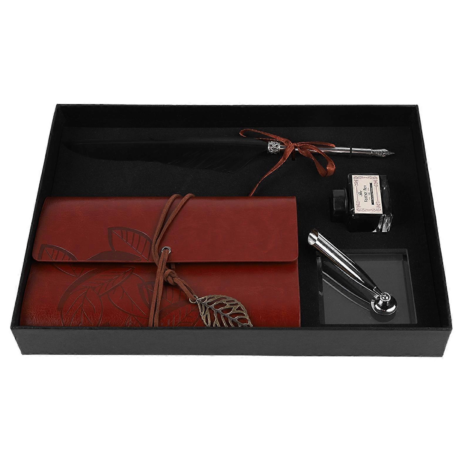 Carnet de notes rétro en cuir, stylo plume, stylo plume, ensemble de bouteilles d'encre, papeterie, coffret cadeau noir
