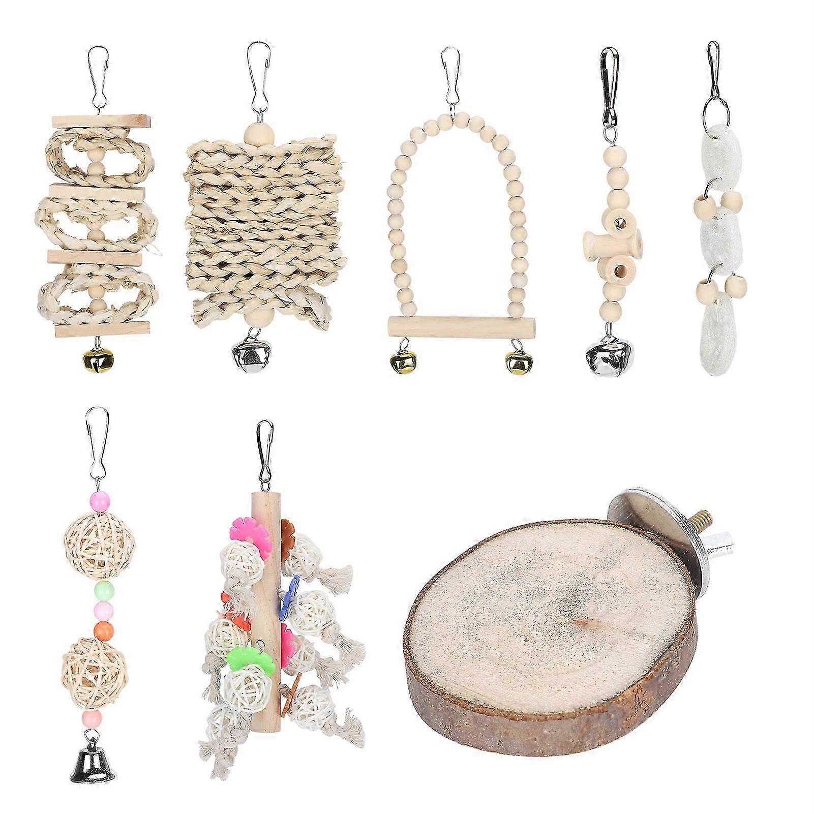 8PCS Parrot Swing Chewing Toys with Wood Hanging Bell for Bird Cage Accessories