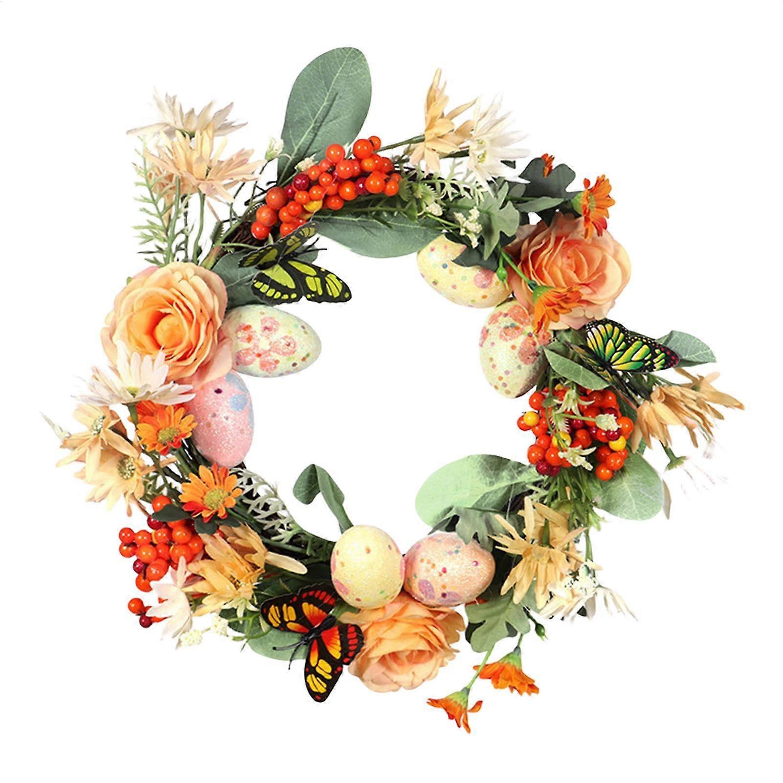 Front door wreath with silk flowers, colorful eggs, butterflies Spring wreath