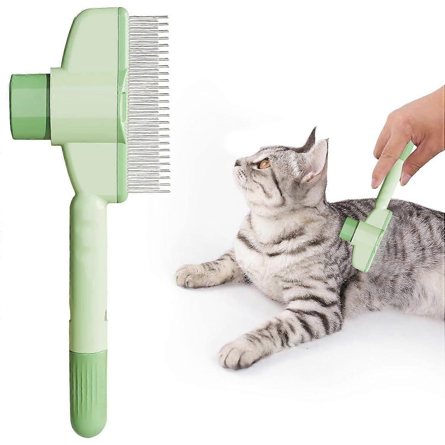 Cat Brush with Release Button, Pet Hair Removal Comb, Self-Cleaning with Long & Short Stainless Steel Metal Teeth for Shedding, Flea Comb for Indoor C