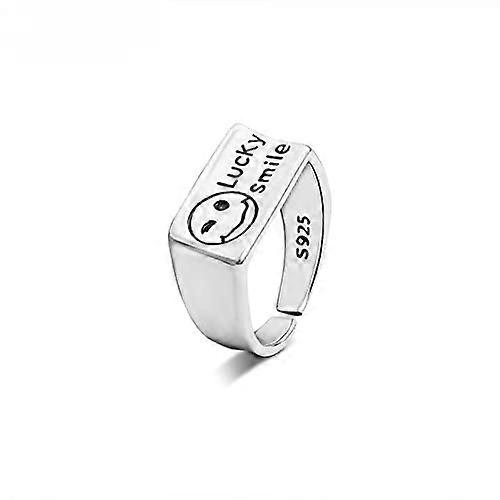 Women Sterling Silver Open Ring Square Smiley Pattern Cute Lucky Ring for Girls Adjustable Size