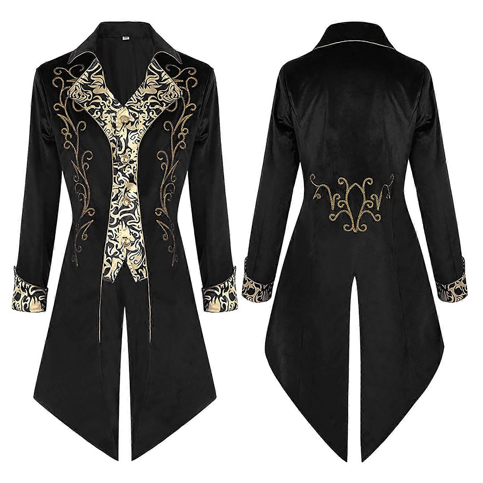 Steampunk Gothic Coat Men's Long Medieval Victorian Jacket Rock Vampire Tailcoat Button-Down Stand-Up Collar 3XL Black