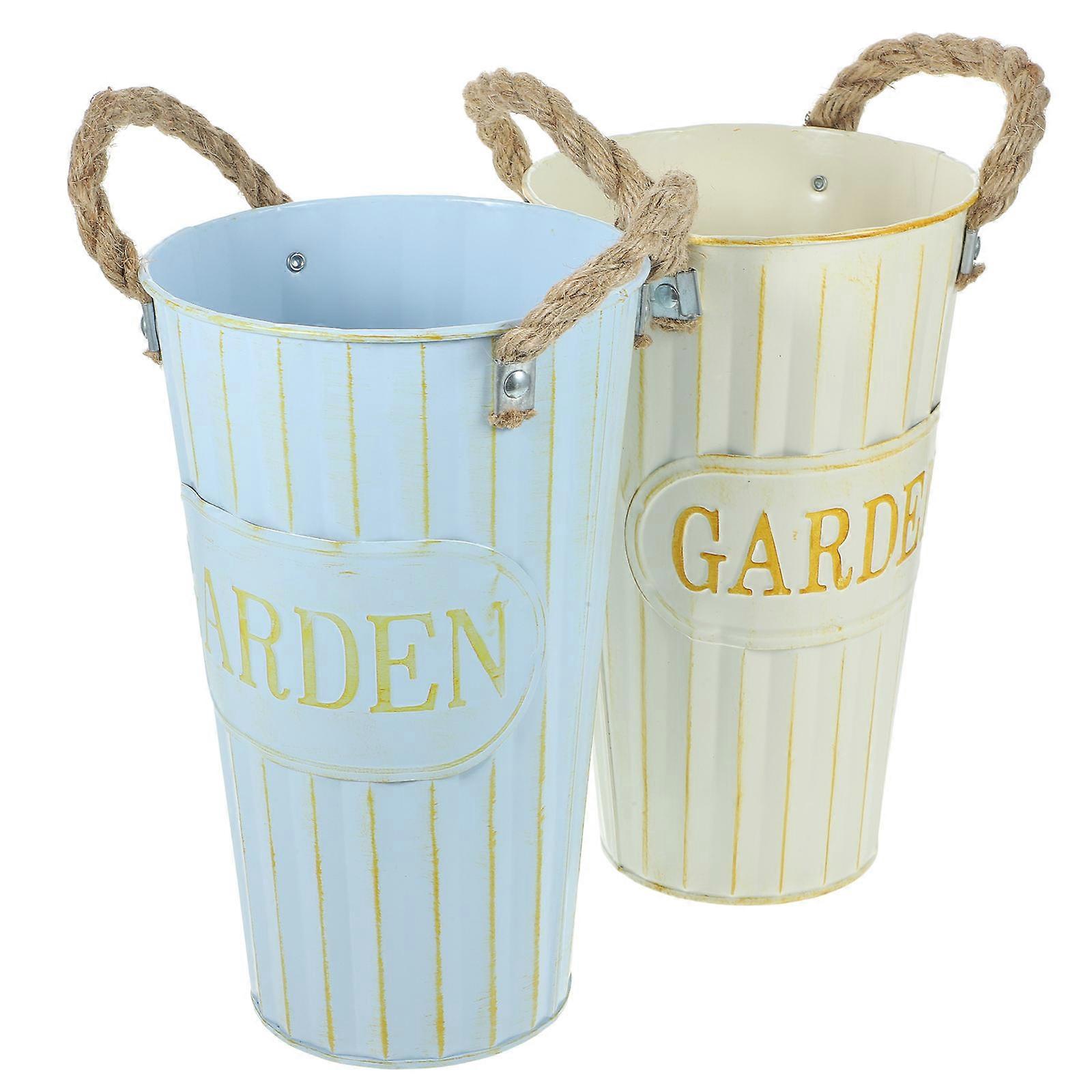 Portable Flower Bucket for Home in Assorted Color Made of Iron Sheet and Hemp Rope 2 Pieces