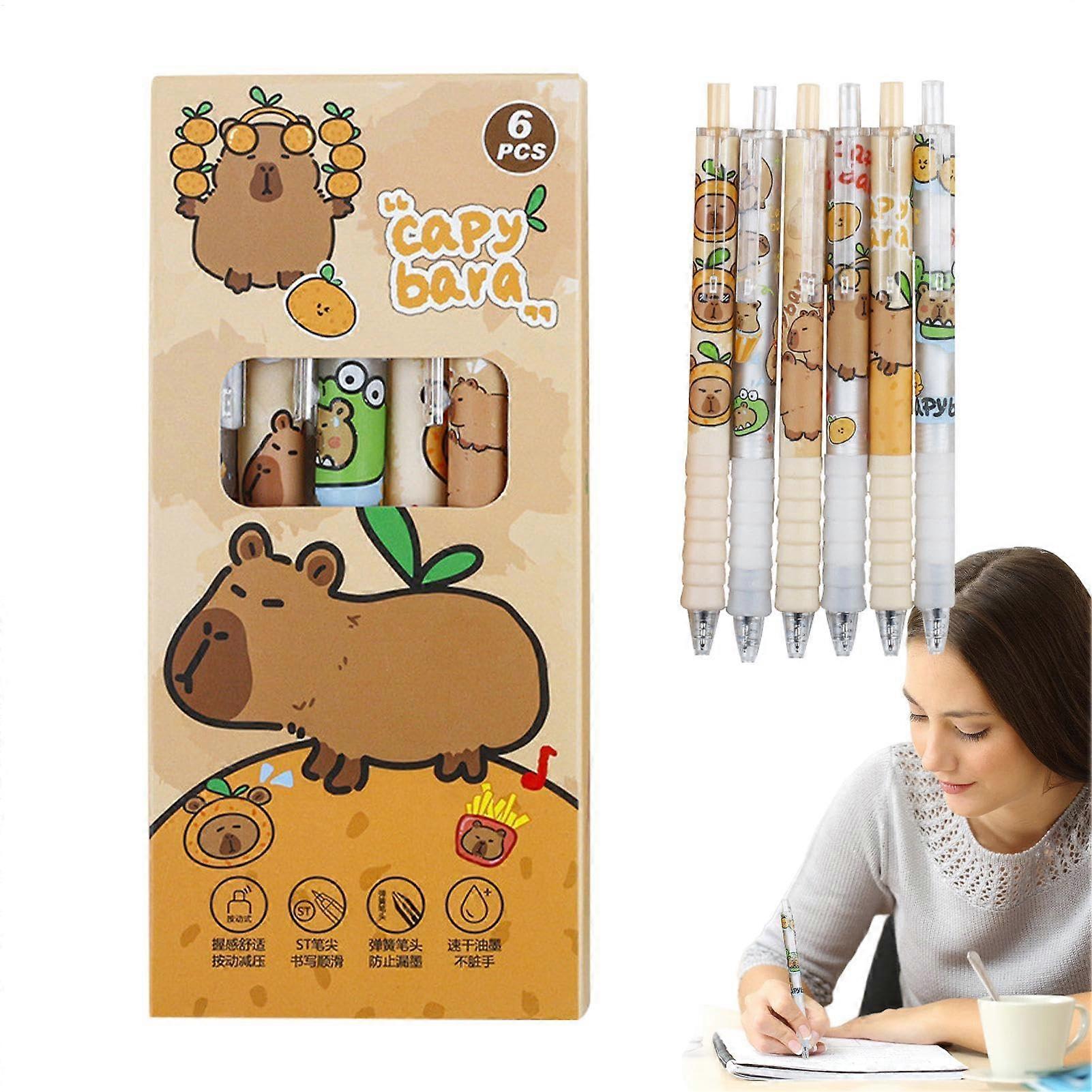 Gel Pen Set With 6 Capybara Push-Pens, Fine Tip, Quick Drying, Retractable Pens For Students and Teachers