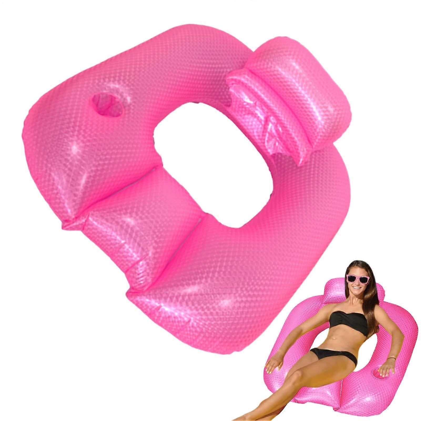 Inflatable Pool Lounge for Adults, Floating Island with Cup Holder and Armrests for Pool, River, Lake, Pink