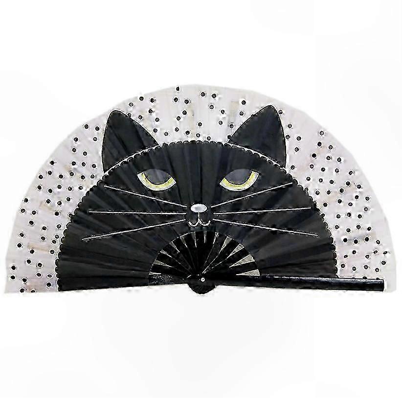 Bamboo Folding Hand Fan with Cat Design for Dancing and Crafts