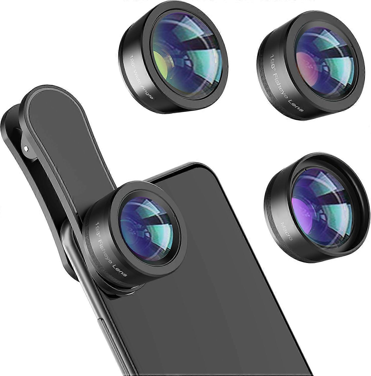 3-in-1 Clip-On Phone Lens Set - 180° Fisheye + 0.65x Wide Angle + 10x Macro Lenses for Smartphones