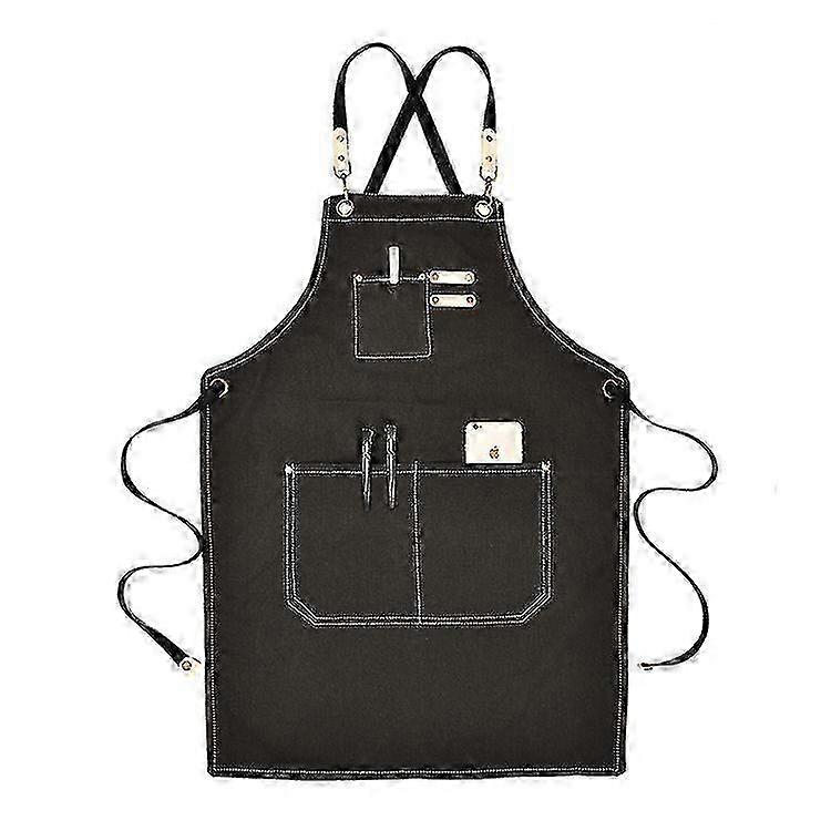 Canvas Work Apron With Adjustable Strap Multi Pockets For Barista Barber Beauty Salon Black--